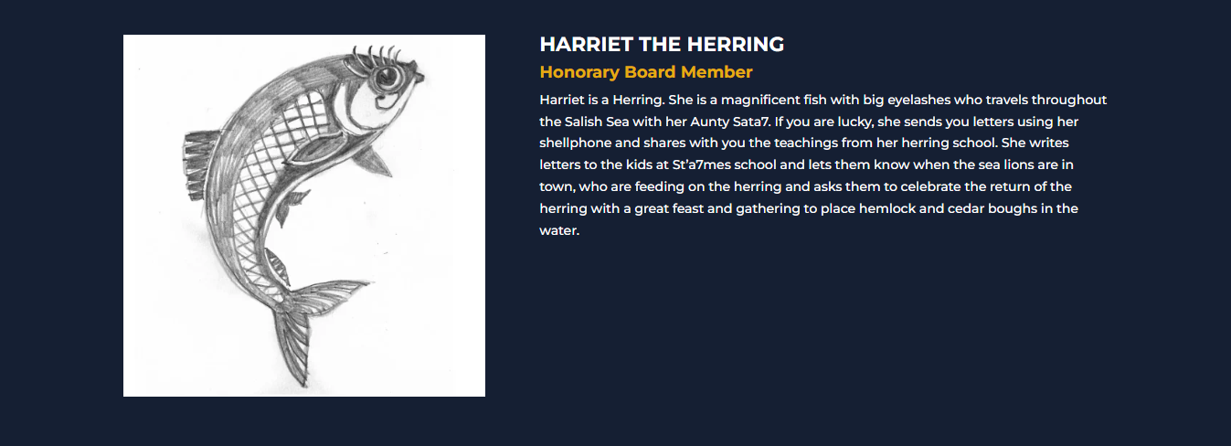 <br />
HARRIET THE HERRING<br />
Honorary Board Member<br />
Harriet is a Herring. She is a magnificent fish with big eyelashes who travels throughout the Salish Sea with her Aunty Sata7. If you are lucky, she sends you letters using her shellphone and shares with you the teachings from her herring school. She writes letters to the kids at St’a7mes school and lets them know when the sea lions are in town, who are feeding on the herring and asks them to celebrate the return of the herring with a great feast and gathering to place hemlock and cedar boughs in the water.